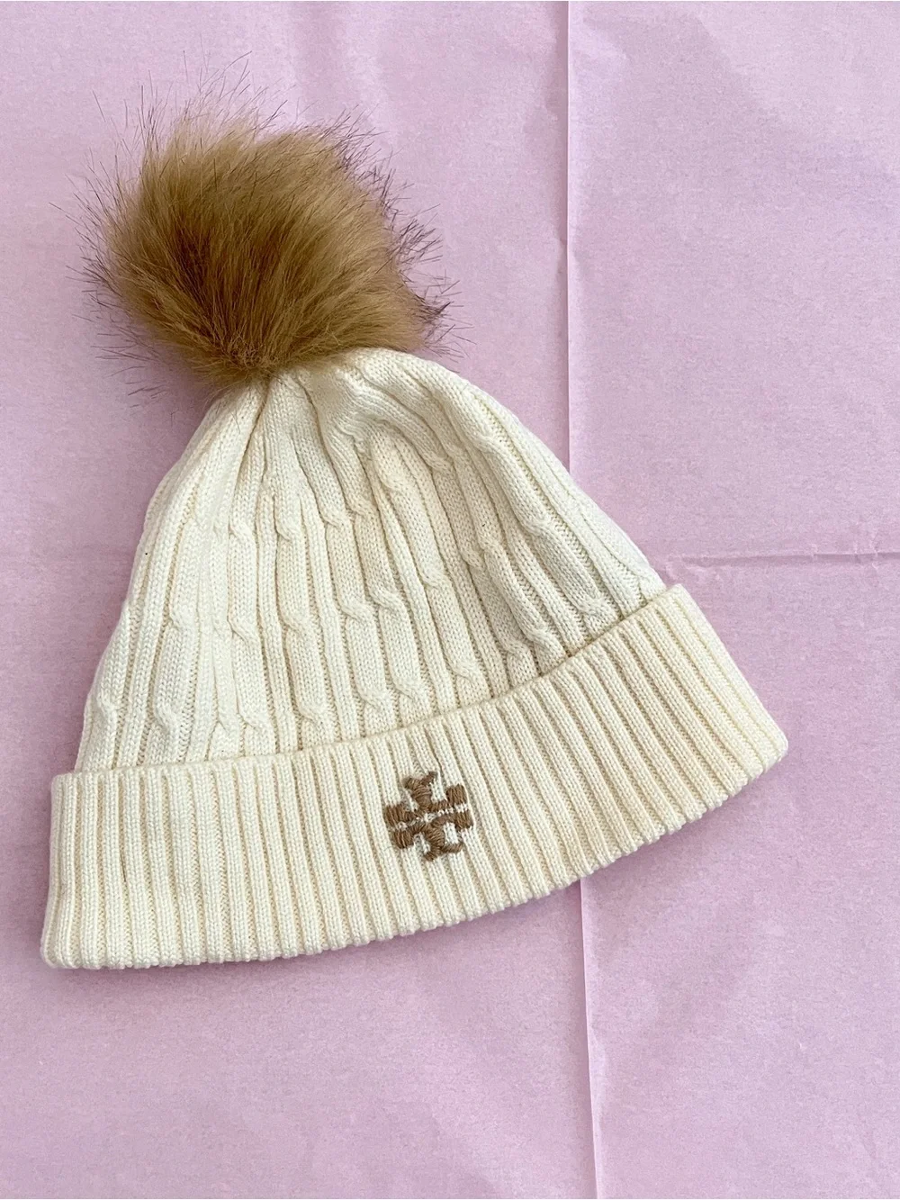 Tory Burch Cream Cable-Knit Beanie with Brown Faux-Fur Pom